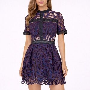 HAUTE ROGUE Cutout Asymmetrical Purple Black Lace Flared Mini Dress Women's M